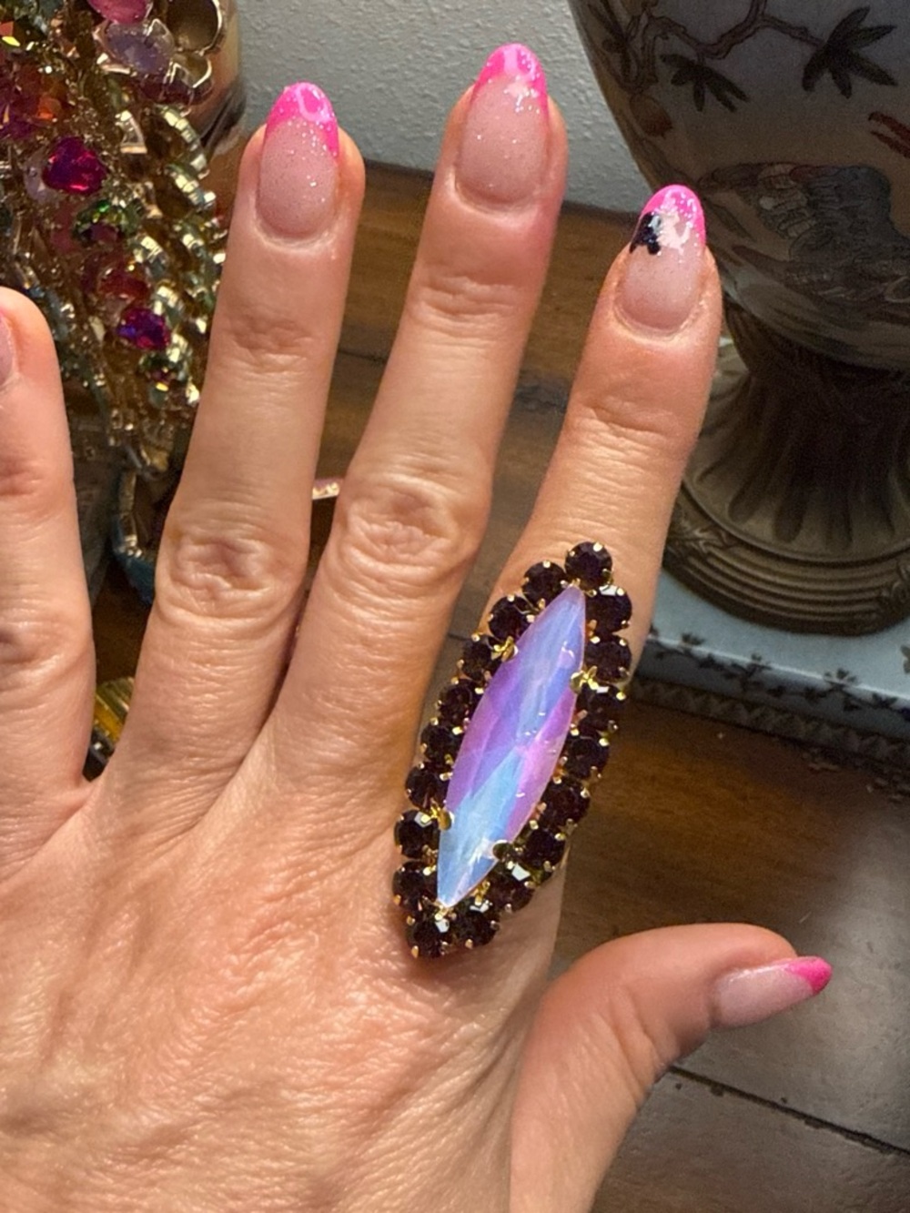 DOPAMINE K9 Crystal Elegant Iridescent Marquise Ring with Amethyst Halo